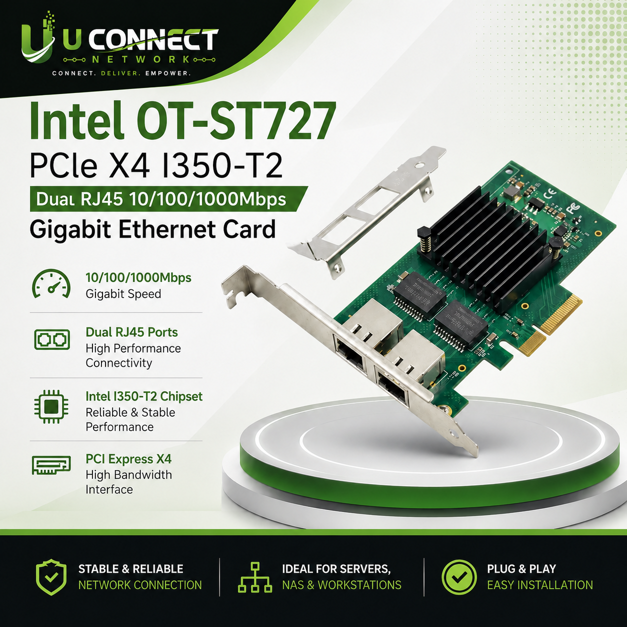 Intel OT-ST727 PCIe X4 I350-T2 Dual RJ45 10/100/1000Mbps Gigabit Ethernet Card