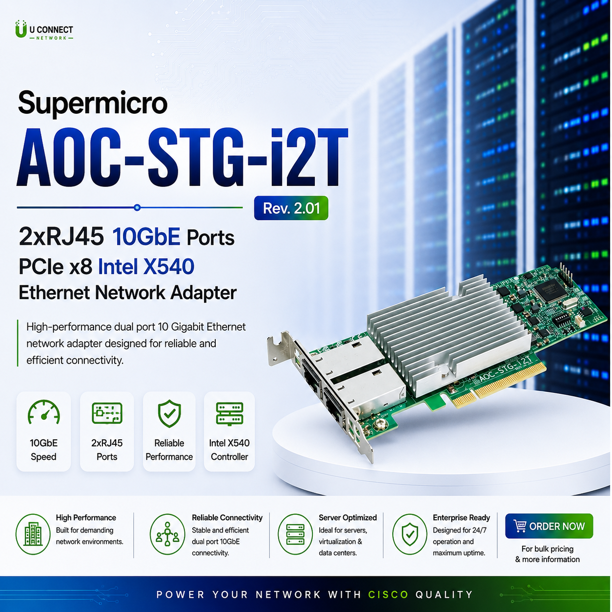 Supermicro 2xRJ45 10GbE Ports AOC-STG-i2T Rev. 2.01 PCIe x8 Intel X540 Ethernet Network Adapter