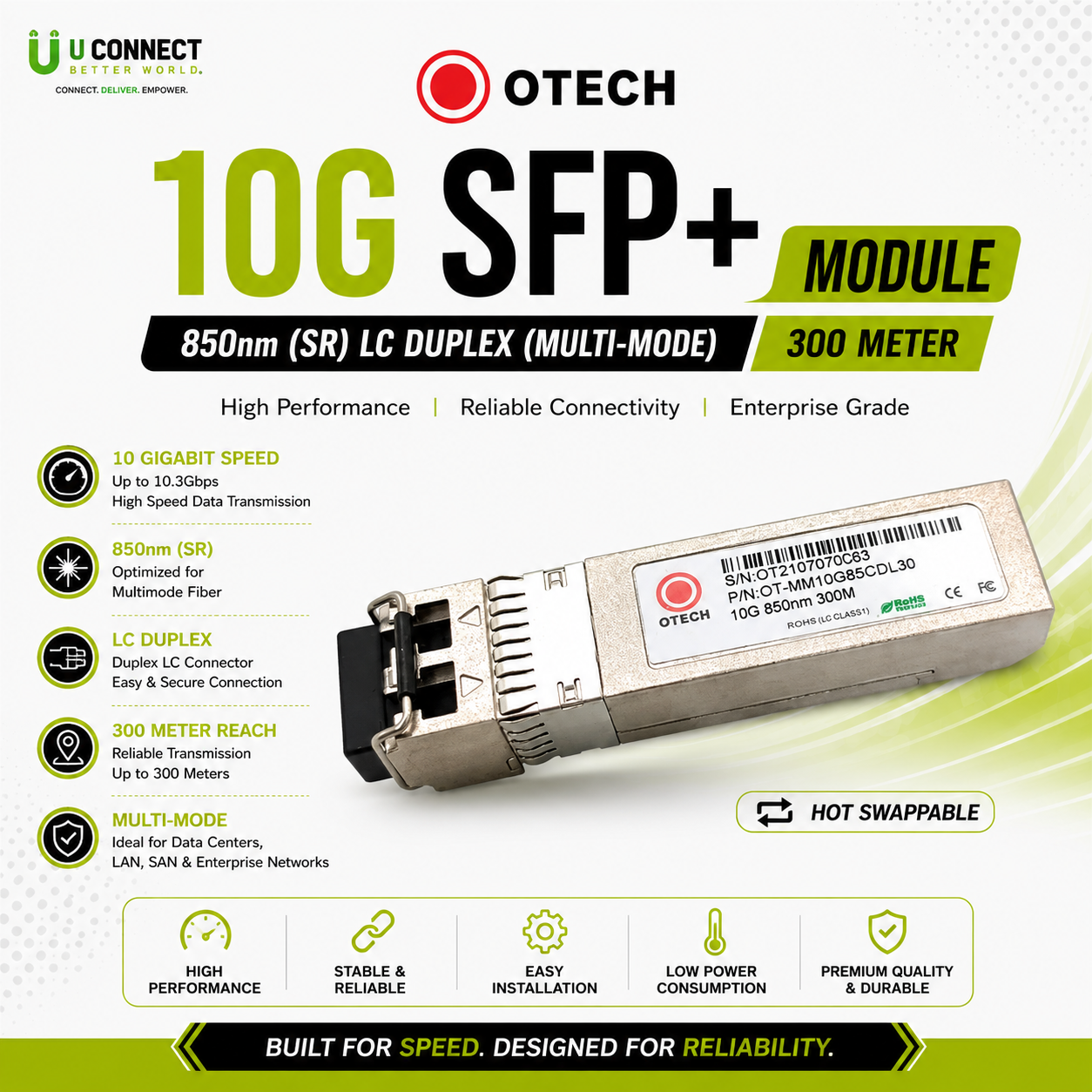 OTECH 10G SFP+ Module 850nm (SR) LC Duplex (Multi-Mode) 300 Meter
