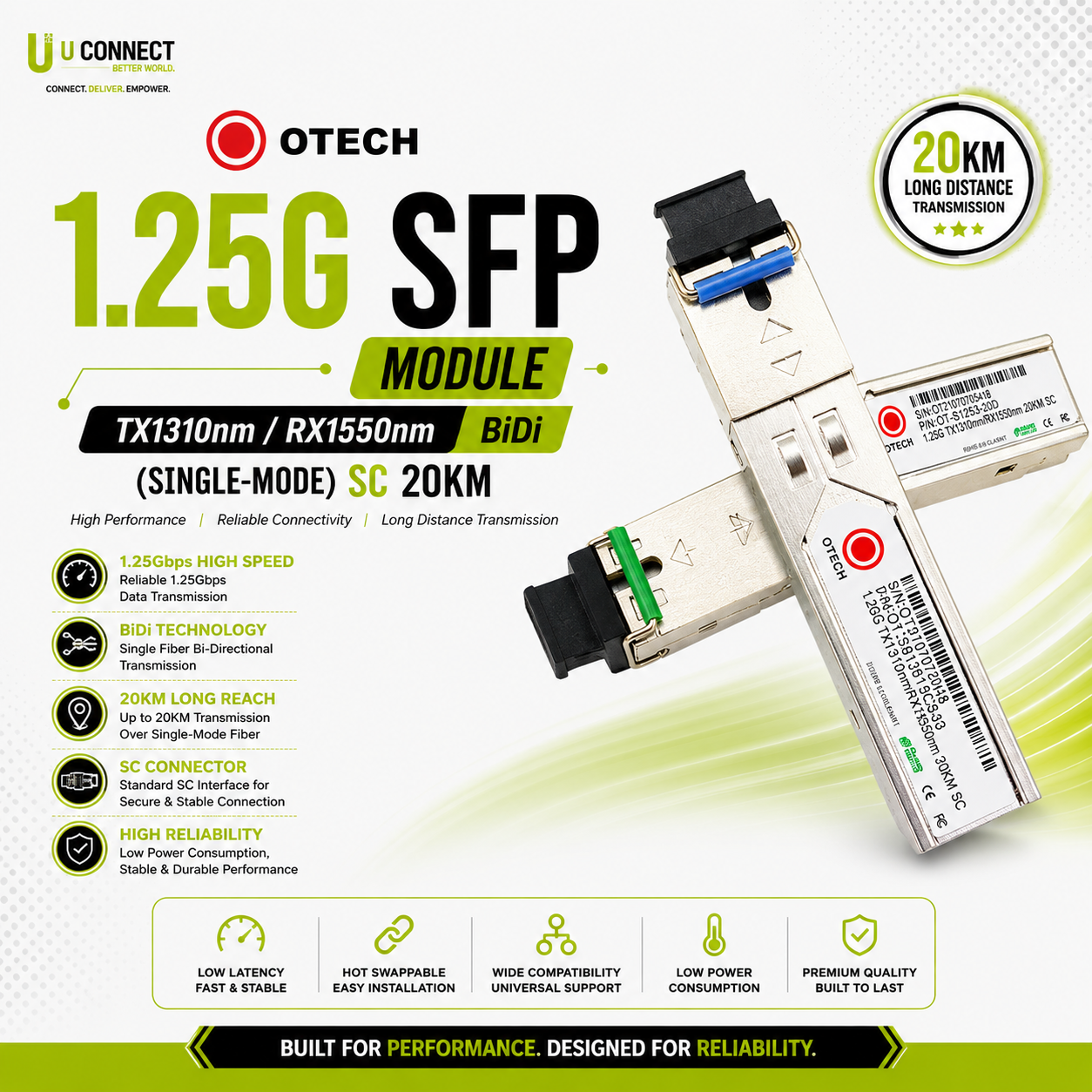 OTECH 1.25G SFP Module TX1310nm/RX1550nm BiDi (Single-Mode) SC 20KM