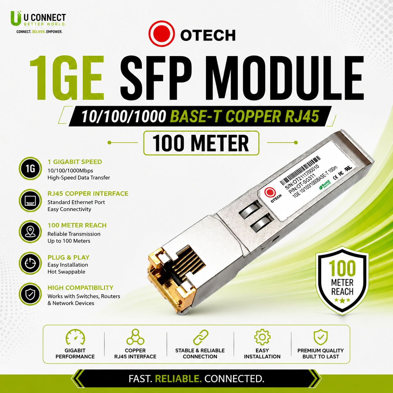 OTECH 1GE SFP Module 10/100/1000 BASE-T Copper RJ45 100Meter