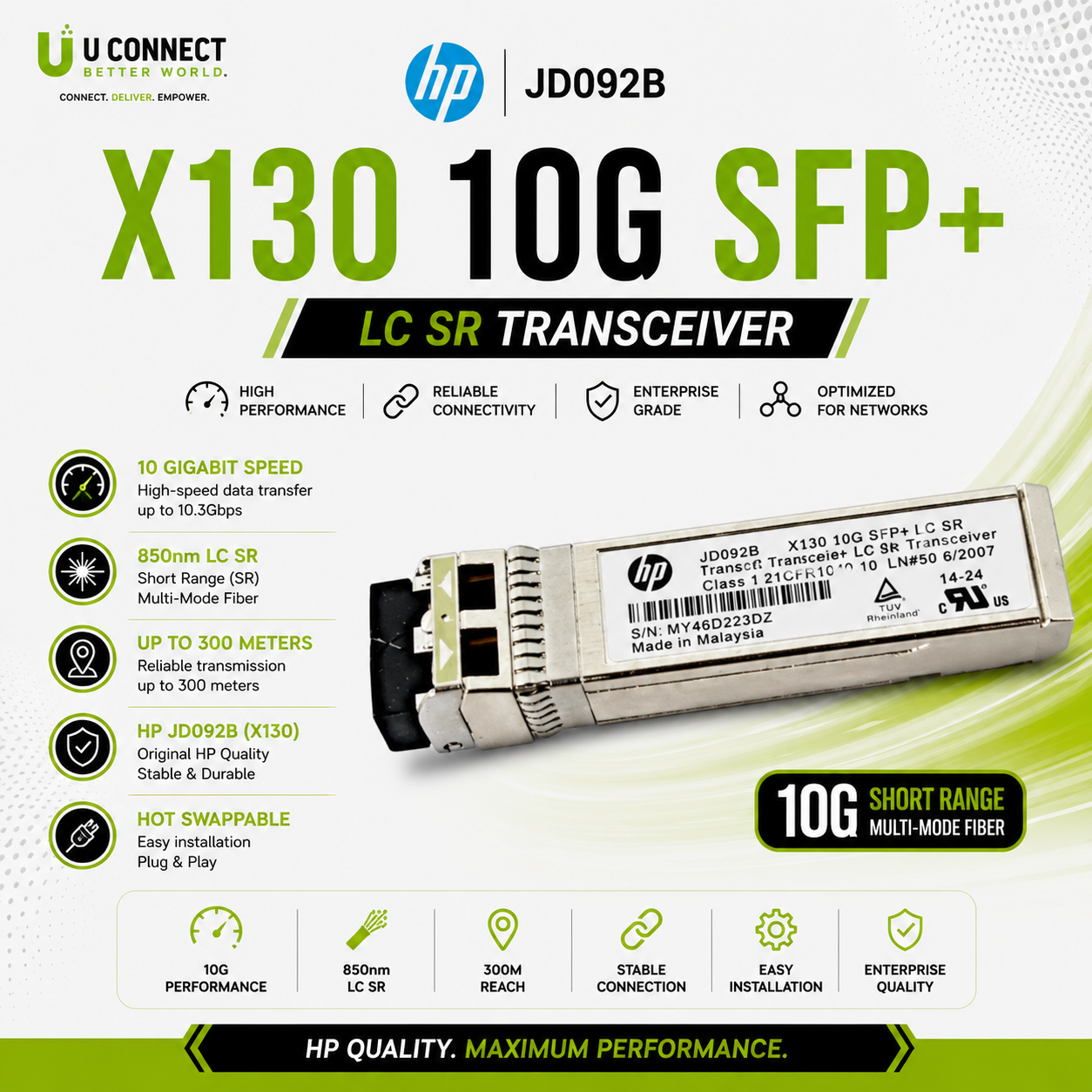 HP JD092B X130 10G SFP+ LC SR Transceiver