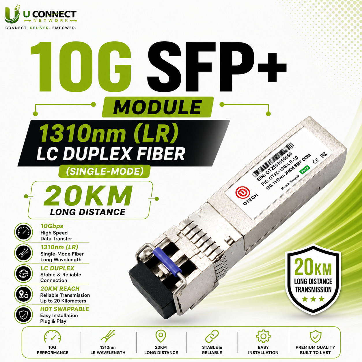 10G SFP+ Module 1310nm (LR) LC Duplex Fiber (Single-Mode) 20KM