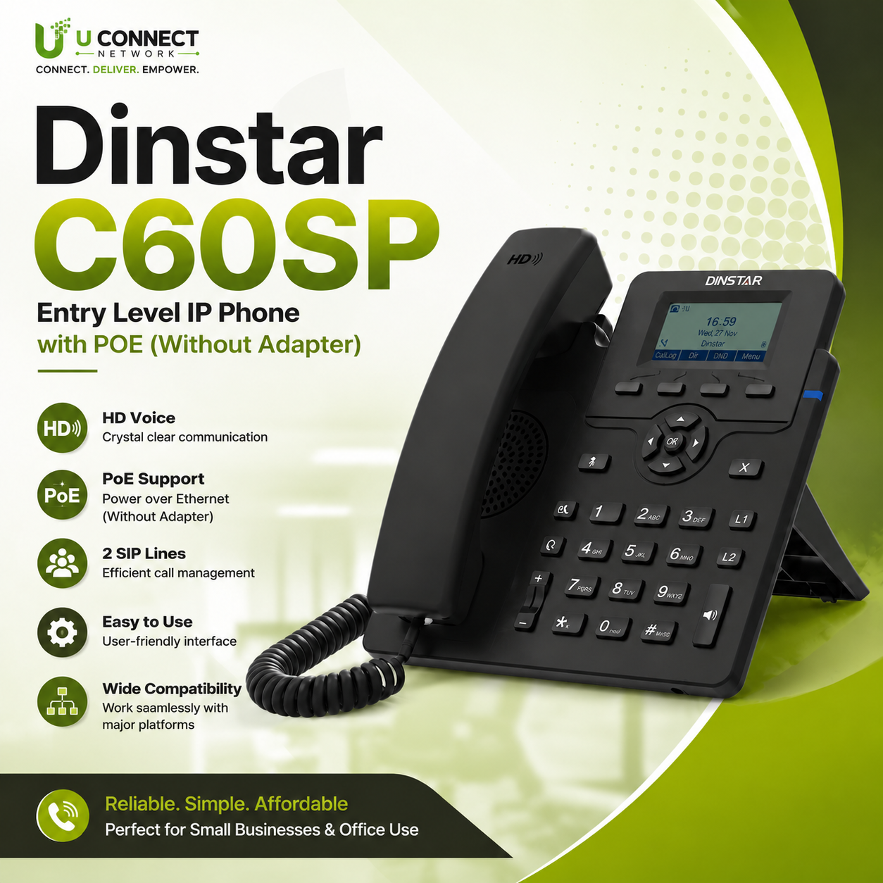 Dinstar C60SP Entry Level IP Phone with POE (Without Adapter)