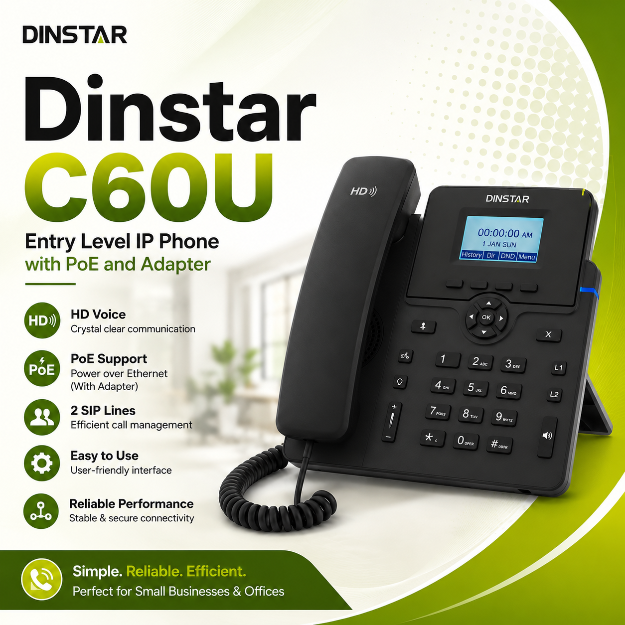 Dinstar C60U Entry Level IP Phone with PoE and Adapter