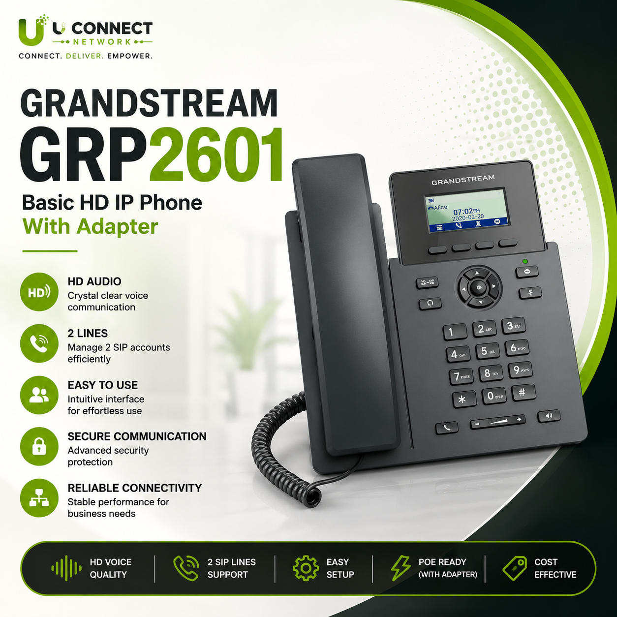Grandstream GRP2601 Basic HD IP Phone With Adapter