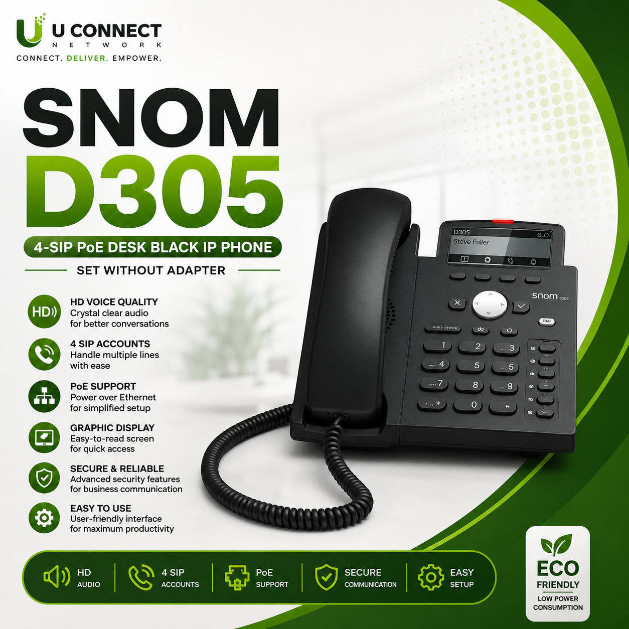 SNOM D305 4-SIP PoE Desk Black IP Phone Set without Adapter