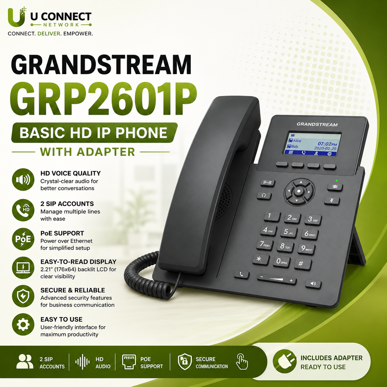 Grandstream GRP2601P Basic HD IP Phone With Adapter
