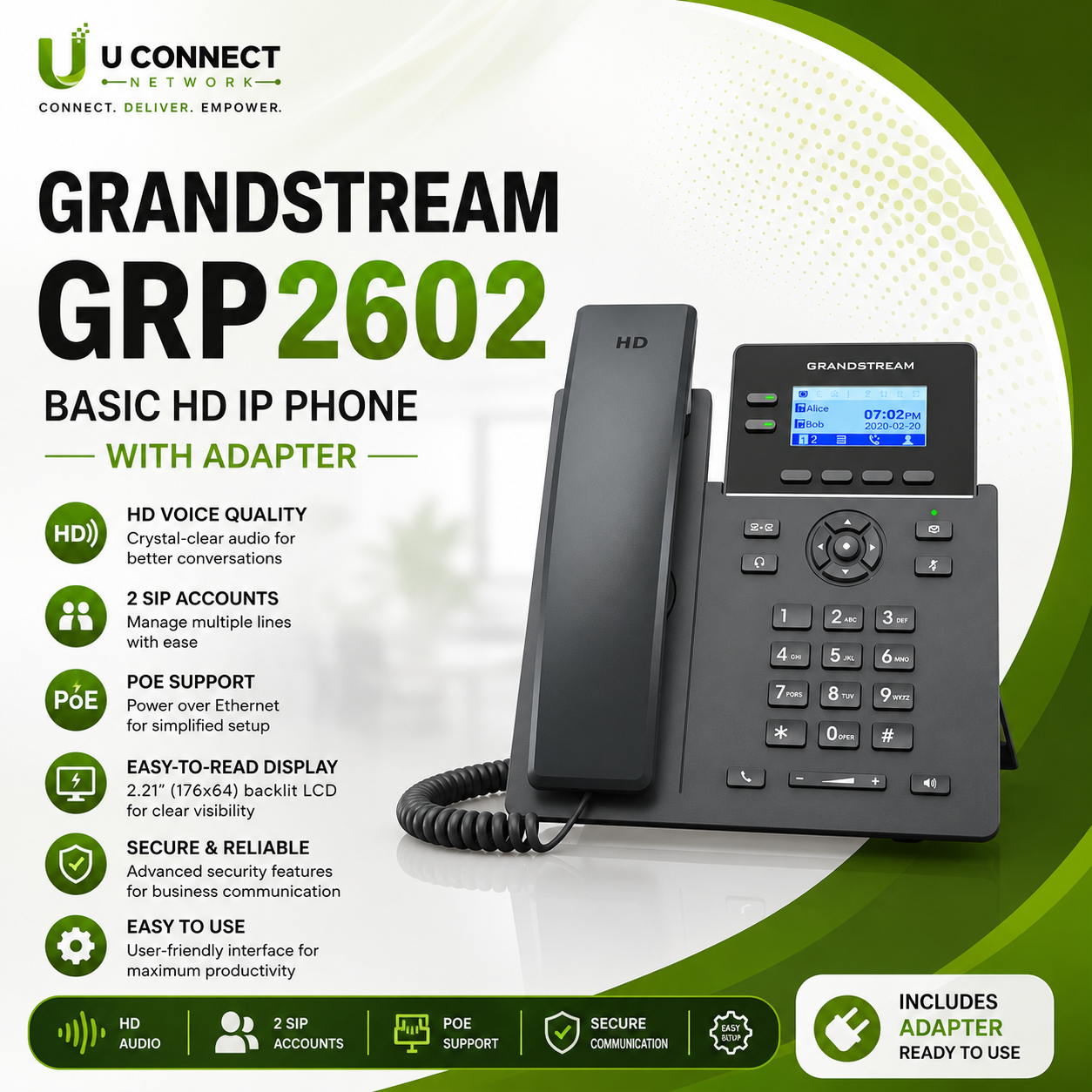 Grandstream GRP2602 Basic HD IP Phone With Adapter