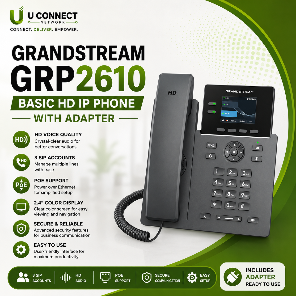 Grandstream GRP2610 Basic HD IP Phone With Adapter