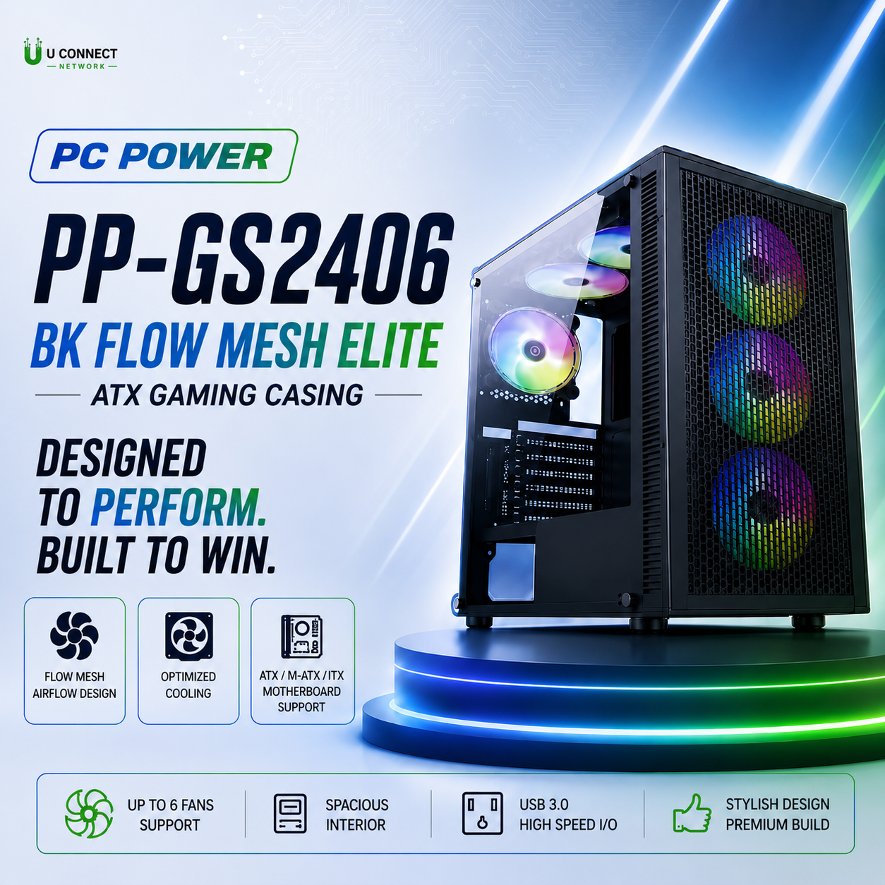 PC POWER PP-GS2406 BK FLOW MESH ELITE ATX GAMING CASING