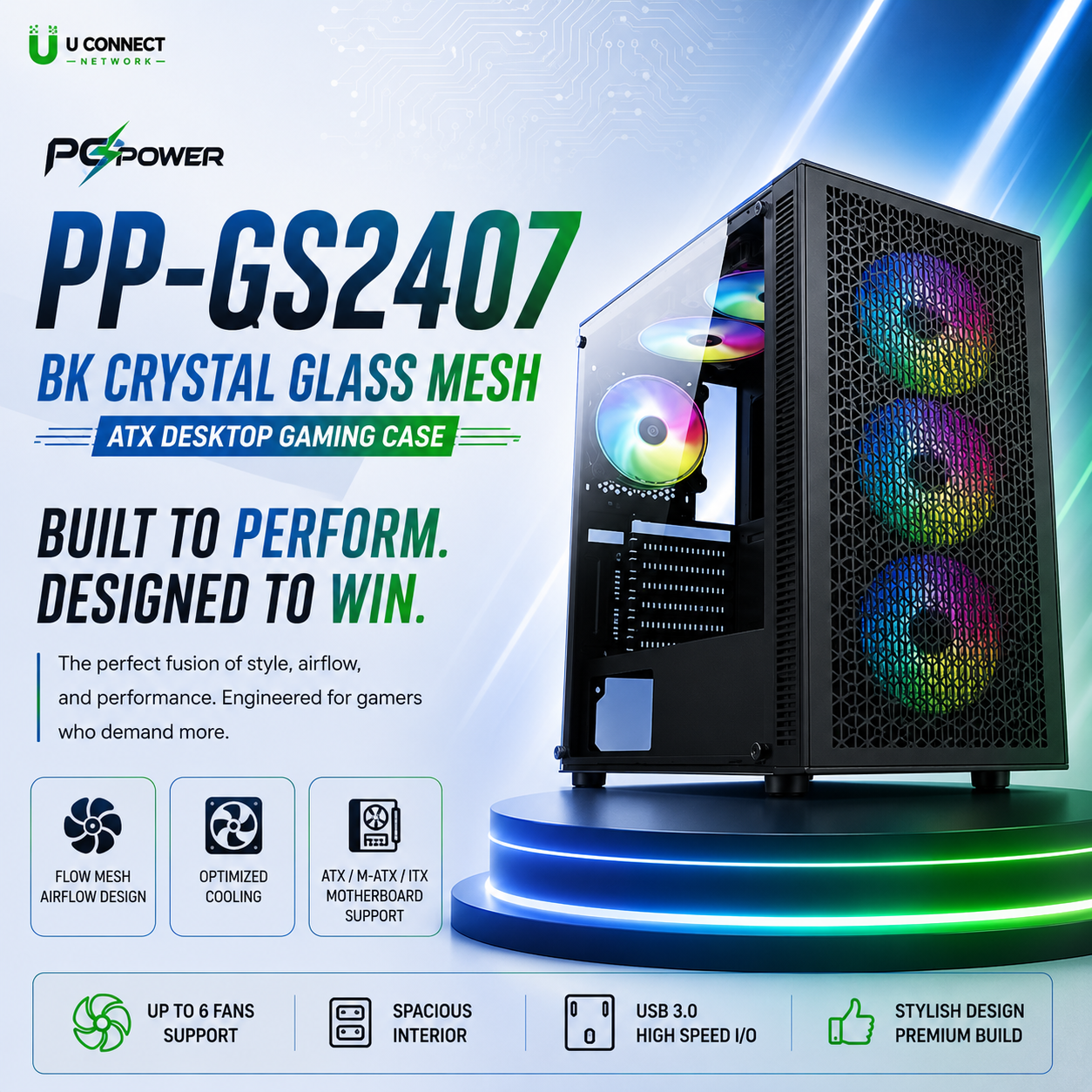 PC Power PP-GS2407 BK Crystal Glass Mesh ATX Desktop Gaming Case