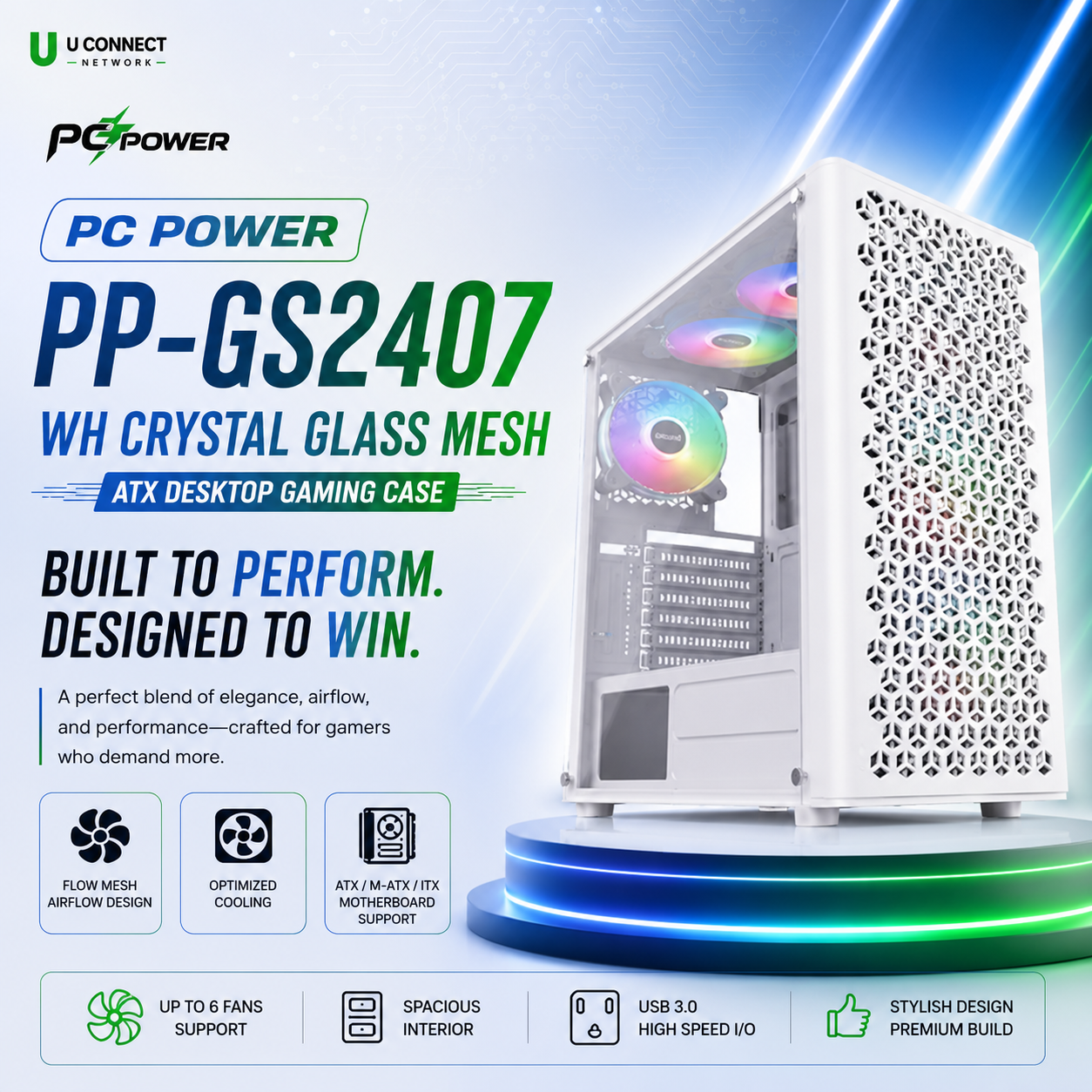 PC Power PP-GS2407 WH Crystal Glass Mesh ATX Desktop Gaming Case