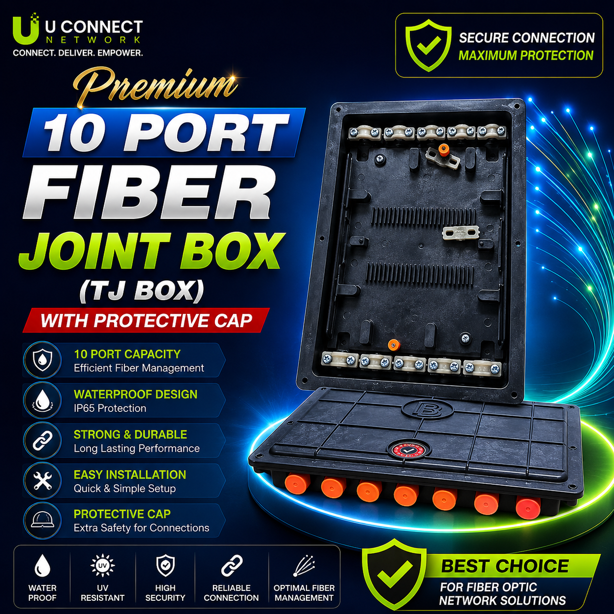Premium 10 Port Fiber Joint Box (TJ Box) with Protective Cap