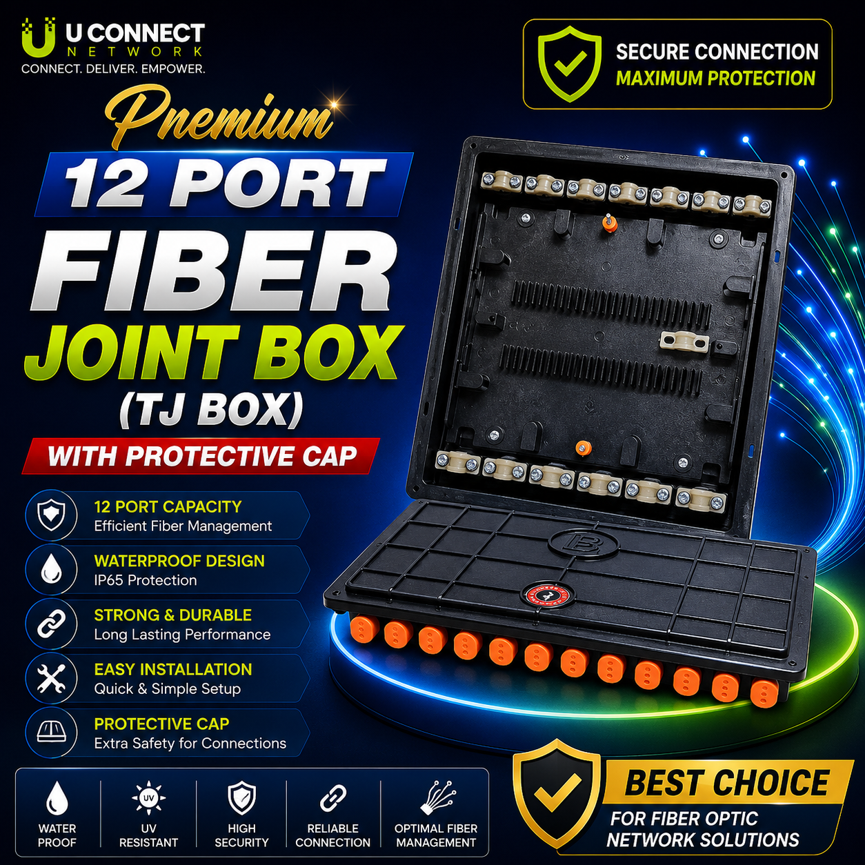 Premium 12 Port Fiber Joint Box (TJ Box) with Protective Cap