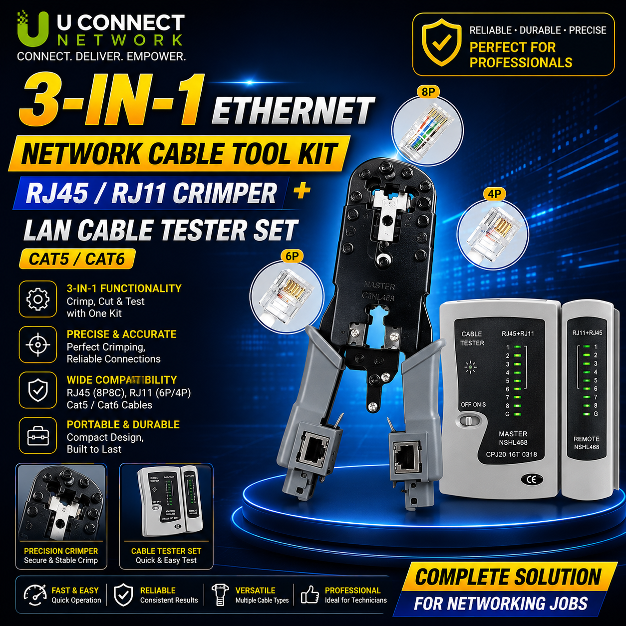 3-in-1 Ethernet Network Cable Tool Kit – RJ45/RJ11 Crimper + LAN Cable Tester Set (CAT5/CAT6)