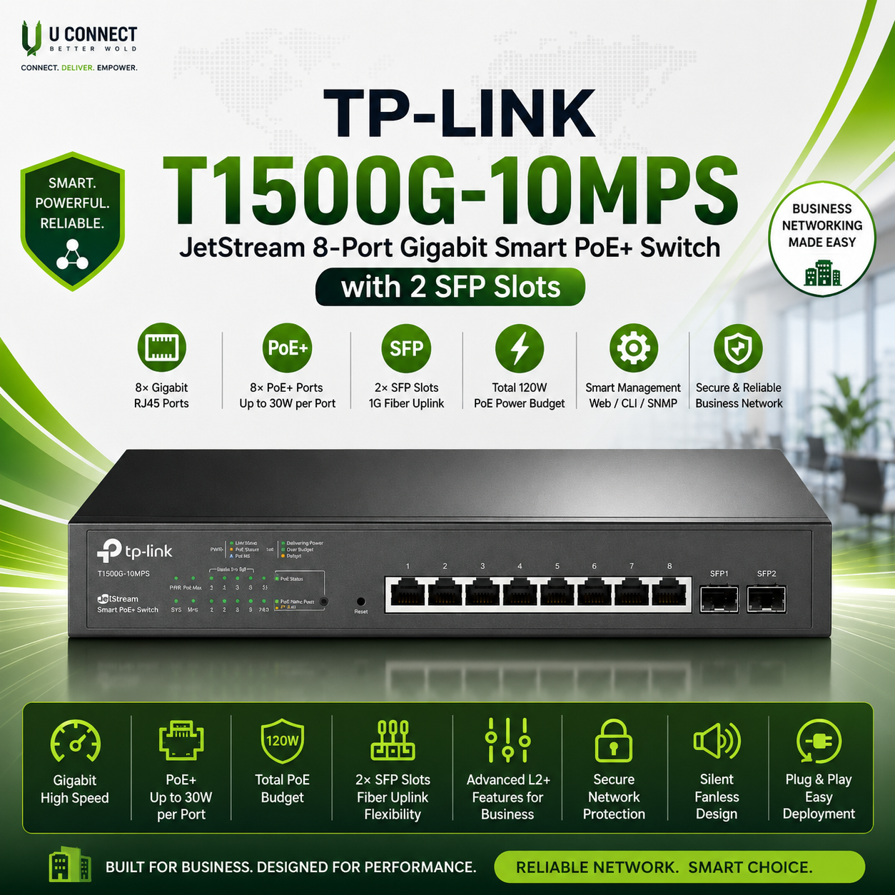 Tp-Link T1500G-10MPS JetStream 8-Port Gigabit Smart PoE+ Switch with 2 SFP Slots