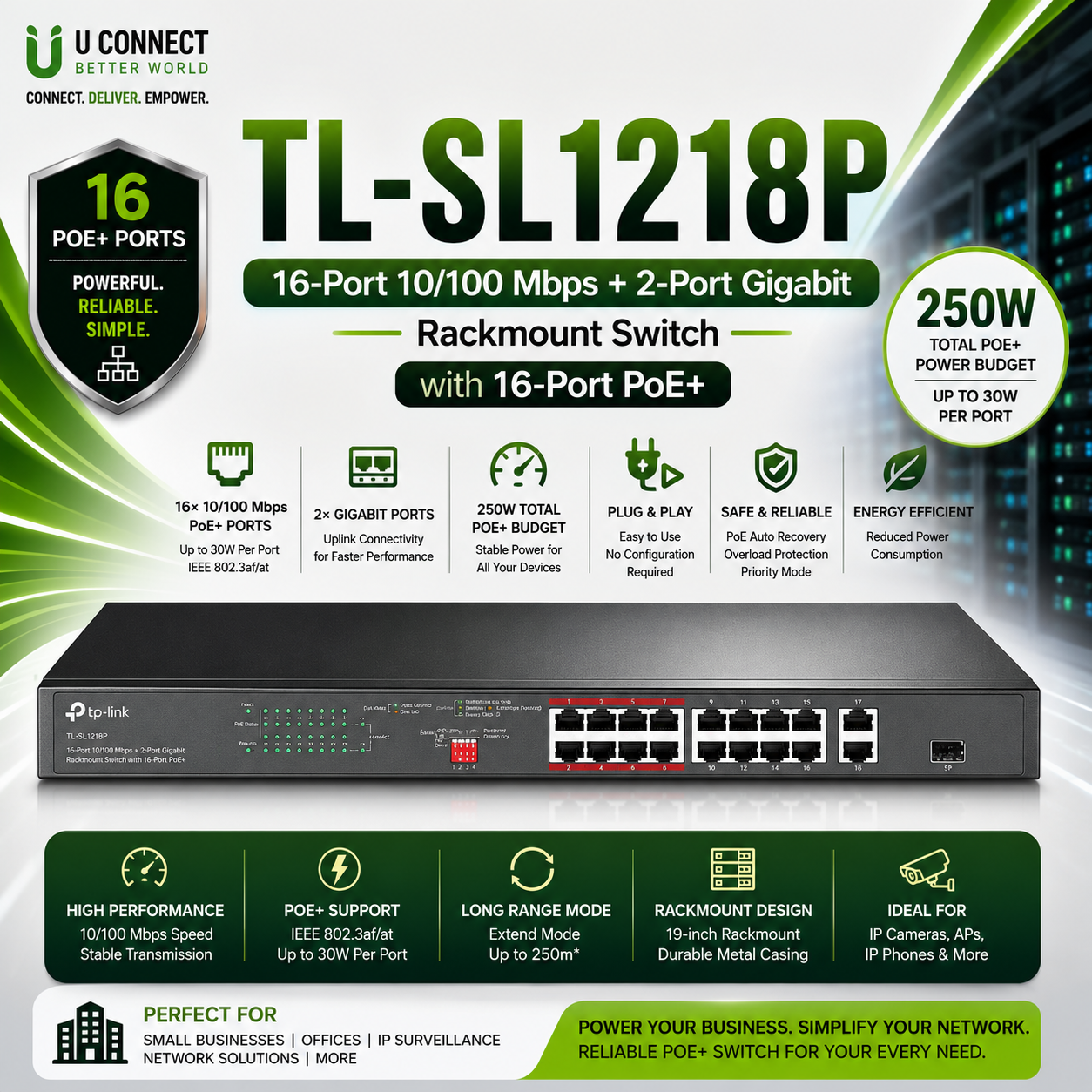 Tp-Link TL-SL1218P 16-Port 10/100 Mbps + 2-Port Gigabit Rackmount Switch with 16-Port PoE+