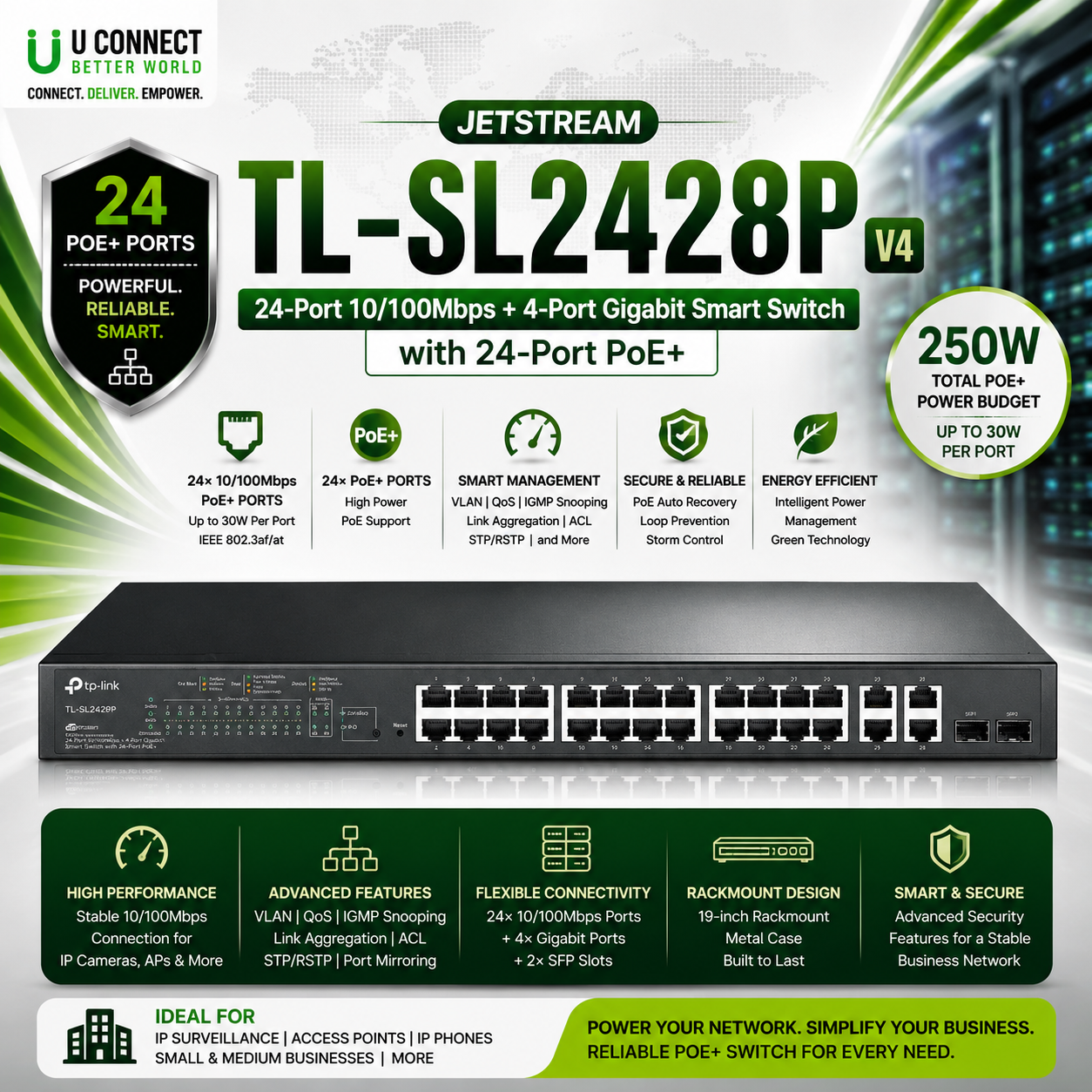 Tp-Link TL-SL2428P V4 JetStream 24-Port 10/100Mbps + 4-Port Gigabit Smart Switch with 24-Port PoE+