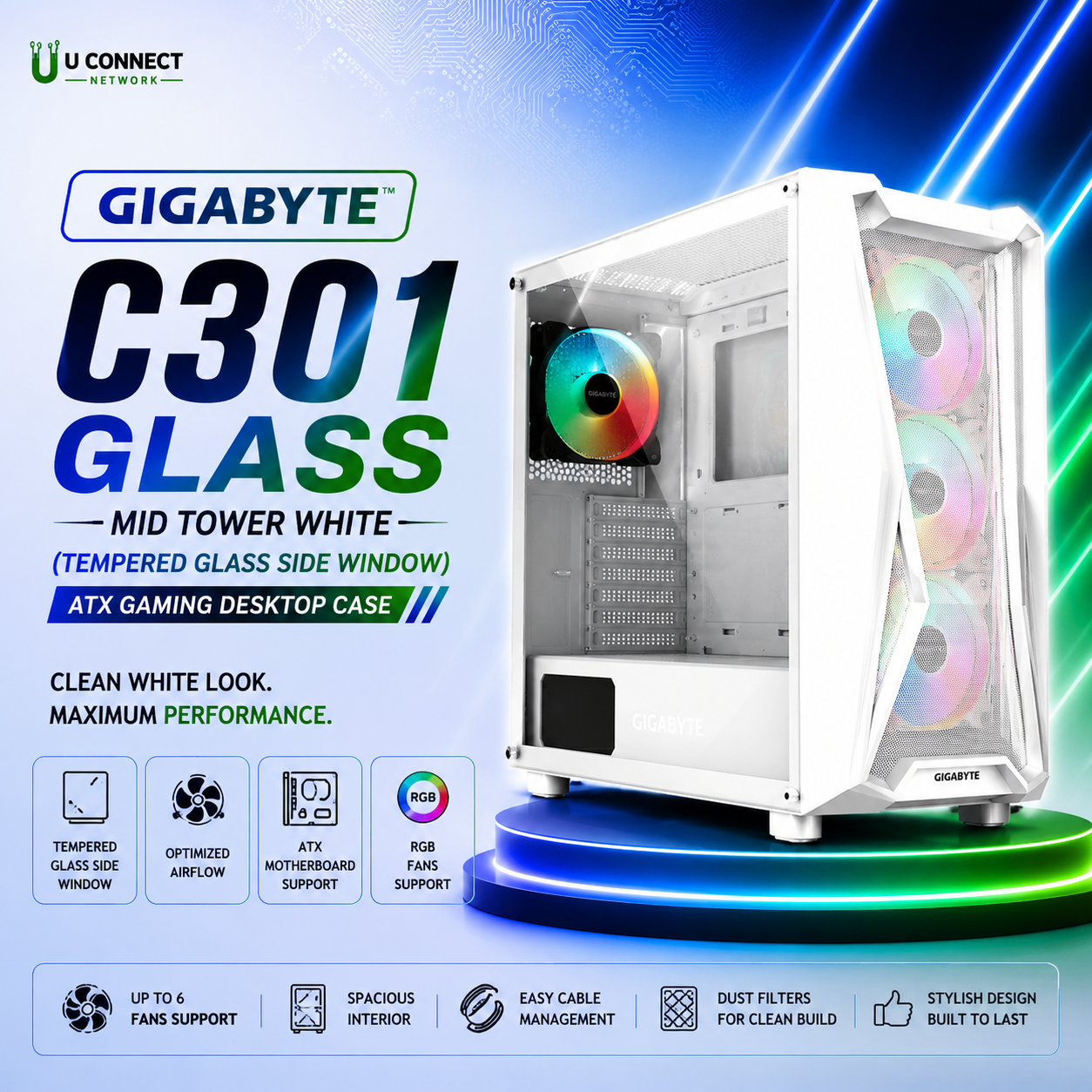 Gigabyte C301 GLASS Mid Tower White (Tempered Glass Side Window) ATX Gaming Desktop Case