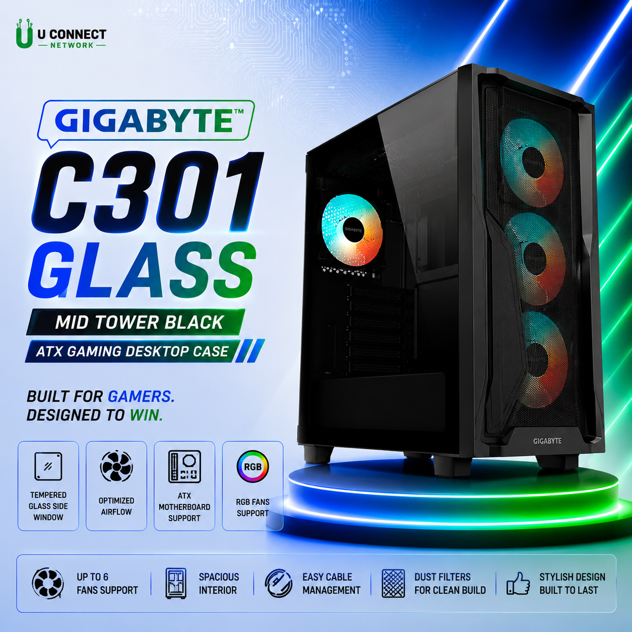 Gigabyte C301 GLASS Mid Tower Black ATX Gaming Desktop Case